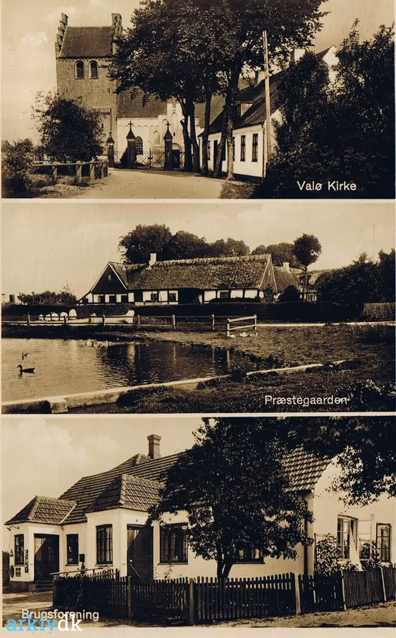 Valløby Kirke, præstegård og brugsforening, ca. 1908